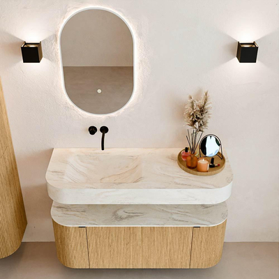 MONDIAZ THOR-DLUX 120cm badmeubel ronding links + rechts kleur Oak met 1 lade en 2 deuren. Vrijhangende wastafel CLOUD Links zonder kraangat kleur Ostra.
