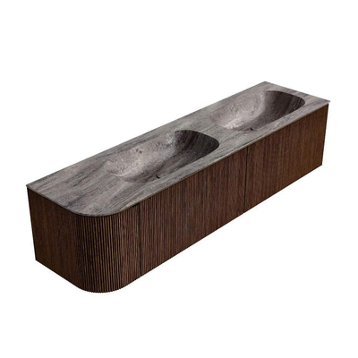MONDIAZ KURVE-DLUX 175cm badmeubel ronding Links kleur Walnut met 2 lades en 1 deur. Wastafel STOR SMALL Dubbel / Rechts zonder kraangat Oza.