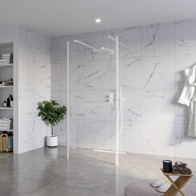 Fortifura Galeria Douche à l'italienne - 90x200cm - verre clair - anticalcaire - verre de sécurité 8mm - 2 parois latérales 30cm - avec bras muraux et profilés d'angle - Blanc mat
