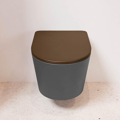 Mondiaz LAVIE hangtoilet – spoelrandloos – 36 x 53 cm – met softclose zitting – Dark grey (grijs), zitting Rust (bruin)