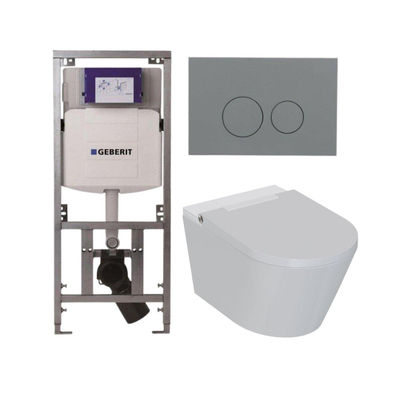 QeramiQ Luma Douche WC Set - Geberit UP320 inbouwreservoir - met Burda frame - fohn - ladydouche - bedieningsplaat licht grijs - ronde knoppen - glans wit