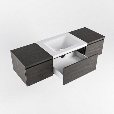 MONDIAZ BUKLA meuble de salle de bain 140cm avec module 40 couleur Marron Foncé avec 3 tiroirs. Lavabo CLOUD milieu 0 trous de robinet couleur Talc.