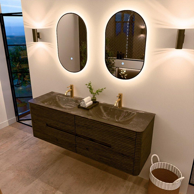 Mondiaz CIRO-DLUX Ensemble de meubles de salle de bains - 150x45x50cm - Lavabo solid surface Lava - 2 vasques double - 2 trous de robinetterie - 4 tiroirs - Shadow
