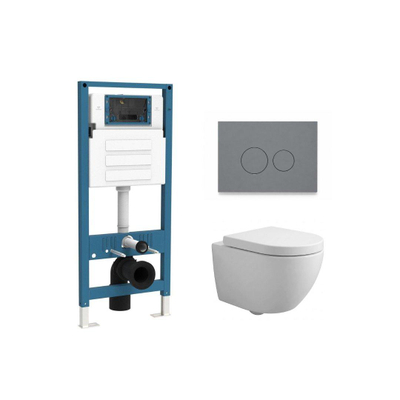 QeramiQ Dely Swirl Compact Toiletset - inbouwreservoir QeramiQ flush - 25mm zitting - kunststof bedieningsplaat licht grijs - ronde knoppen - mat wit