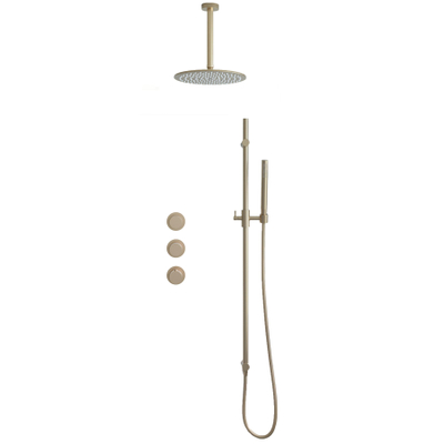 Fortifura Nebbio Regendoucheset - inbouwkraan - inbouwdeel - glijstang - doucheslang glad - staafhanddouche - 20cm plafondarm - ronde hoofddouche - PVD - geborsteld messing (goud)