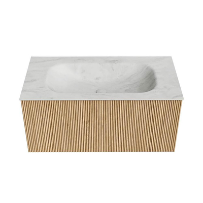 MONDIAZ KURVE-DLUX Meuble de salle de bains 90cm couleur Oak avec 1 tiroir. Lavabo BIG SMALL central sans trou de robinet couleur Opalo.