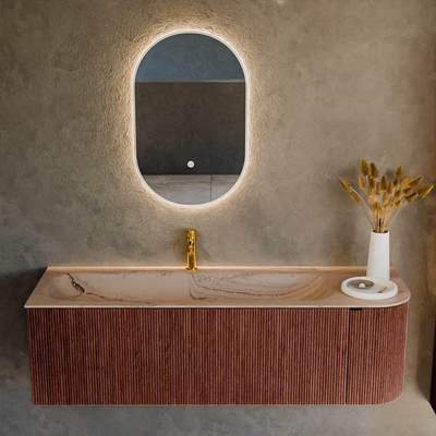 MONDIAZ KURVE-DLUX Meuble de salle de bains 145cm arrondi à droite couleur Ruby avec 1 tiroir et 1 porte. Lavabo BIG LARGE gauche 1 trou de robinet Arena.