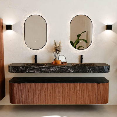 MONDIAZ THOR-DLUX 190cm meuble de salle de bains arrondi gauche + droite couleur Ruby avec 2 tiroirs et 2 portes. Vasque suspendue CLOUD Double 2 trous de robinet couleur Lava.