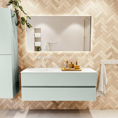 Mondiaz VICA ensemble de meuble de salle de bain - 130cm - meuble sous-vasque greey - 2 tiroirs - lavabo moon gauche - sans trous de robinet - couleur talc - miroir LED - version XL 60cm haut