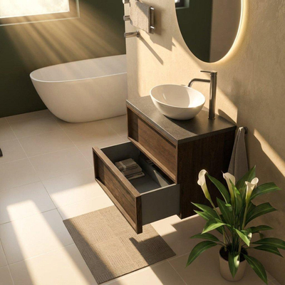 Saniclass Holz Frame Ensemble meuble de salle de bains - 80x45x63cm - Plan vasque en basalte Noche poli (noir) - 1 trou de robinet - 2 tiroirs - chêne charcoal mat (bois)