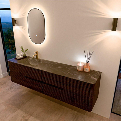 Mondiaz CIRO-DLUX Ensemble de meubles de salle de bains - 190x45x50cm - lavabo en solid surface Lava - 1 vasque à gauche - 1 trou de robinet - 4 tiroirs - Noyer