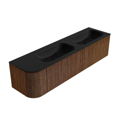 MONDIAZ KURVE 175cm Meuble salle de bain avec module 25 G - couleur Walnut - 2 tiroirs - 1 porte - vasque BIG SMALL double / droite - sans trous de robinet - Urban