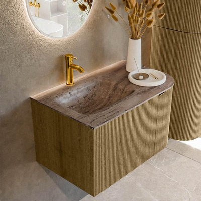 MONDIAZ KURVE-DLUX Meuble de salle de bains 75cm arrondi Droit couleur Dusk avec 1 tiroir et 1 porte. Lavabo GRUNNE Gauche 1 trou de robinet Oza.