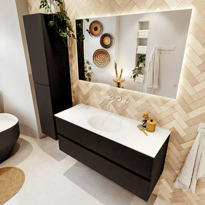MONDIAZ VICA meuble sous lavabo 120cm Urban 2 tiroirs. Lavabo MOON central sans trou de robinet, couleur Talc.