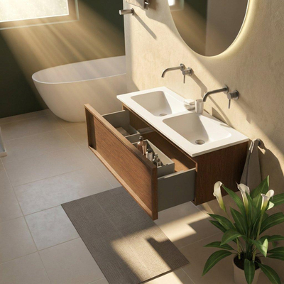 Saniclass Holz Frame Ensemble meuble de salle de bains - 120x45x57.5cm - lavabo Torino en solid surface blanc - sans trou de robinet - 1 tiroir - walnut pure mat (bois)