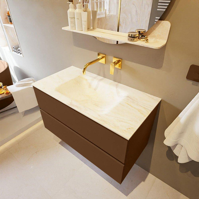 Mondiaz VICA-DLUX Ensemble de meuble de salle de bain - 90cm - meuble sous-vasque repos - 2 tiroirs - lavabo encastrée cloud milieu - sans trous de robinet - version haute de 60cm - ostra