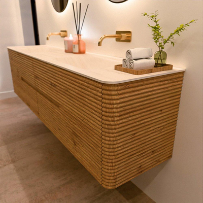 Mondiaz CIRO-DLUX Badkamermeubelset - 190x45x50cm - Solid surface wastafel Meli - 2 wasbak Dubbel - zonder kraangaten - 4 lades - Oak