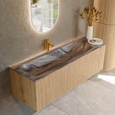 MONDIAZ KURVE-DLUX 145cm badmeubel ronding Rechts kleur Oak met 1 lade en 1 deur. Wastafel BIG LARGE Links 1 kraangat Sombra.