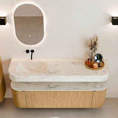 MONDIAZ THOR-DLUX 160cm badmeubel ronding links + rechts kleur Oak met 1 lade en 2 deuren. Vrijhangende wastafel CLOUD Links zonder kraangat kleur Ostra.