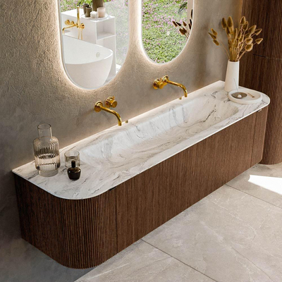 MONDIAZ KURVE-DLUX 170cm badmeubel met module 25 Len R kleur Walnut met 1 lade en 2 deuren. Wastafel BIG LARGE midden zonder kraangat kleur Glace.