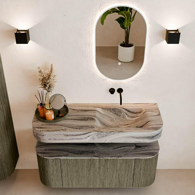 MONDIAZ THOR-DLUX 120cm meuble de salle de bains arrondi gauche + droite couleur Shadow avec 1 tiroir et 2 portes. Vasque suspendue CLOUD Droite sans trou de robinet couleur Sombra.