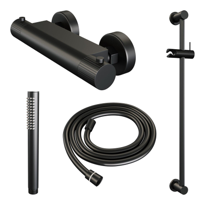 BRAUER Stripe Mitigeur thermostatique de douche en applique - SET 01 - barre coulissante - douchette à main - flexible de douche - noir mat