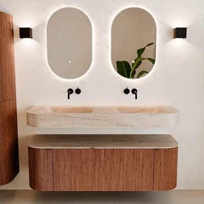 MONDIAZ THOR-DLUX 140cm meuble de salle de bains arrondi gauche + droite couleur Ruby avec 1 tiroir et 2 portes. Vasque suspendue CLOUD Double sans trou de robinet couleur Saba.