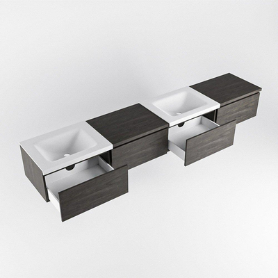 MONDIAZ BUKLA 240cm ensemble de meuble avec module 60 à droite couleur Marron Foncé avec 4 tiroirs. Lavabo CLOUD double 0 trous de robinet couleur Talc.