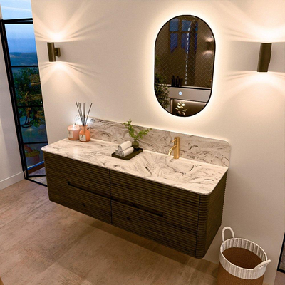 Mondiaz CIRO-DLUX Ensemble de meubles de salle de bains - 150x45x50cm - plan-vasque solid surface Glace - 1 vasque à droite - 1 trou de robinetterie - 4 tiroirs - Shadow
