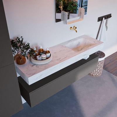 Mondiaz ALAN-DLUX Ensemble de meuble - 150cm - meuble Dark grey mat - 1 tiroir - Lavabo Cloud Opalo suspendu - vasque Droite - 0 trous de robinet