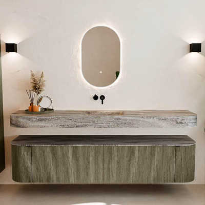 MONDIAZ THOR-DLUX 200cm meuble de salle de bains arrondi gauche + droite couleur Shadow avec 2 tiroirs et 2 portes. Vasque suspendue CLOUD Milieu sans trou de robinet couleur Oza.