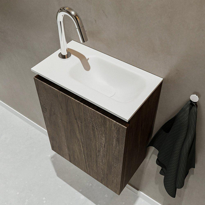 MONDIAZ TURE Kit lave-mains - 40x23x50cm - 1 trou de robinet - 1 porte - marron foncé mat - Lavabo à droite - Solid Surface Blanc