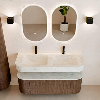 MONDIAZ THOR-DLUX 130cm meuble de salle de bains arrondi gauche + droite couleur Walnut avec 1 tiroir et 2 portes. Vasque suspendue CLOUD Double 2 trous de robinet couleur Opalo.