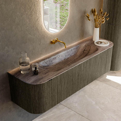 MONDIAZ KURVE-DLUX Meuble de salle de bains 160cm arrondi Gauche + Droite couleur Shadow avec 1 tiroir et 2 portes. Lavabo BIG MEDIUM Central sans trou de robinet Oza.