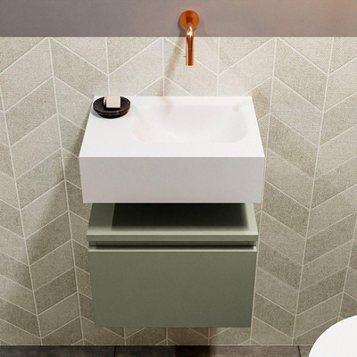 MONDIAZ ANDOR Meuble WC - 40x30x30cm - 0 trous de robinet - 1 tiroir - army mat - vasque à droite - Solid surface - Blanc
