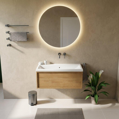Saniclass Holz Frame Ensemble meuble de salle de bains - 100x45x43.5cm - Lavabo Bari en céramique blanc - 1 vasque - sans trou de robinet - 1 tiroir - chêne natural mat (bois)