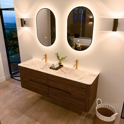 Mondiaz CIRO-DLUX Badkamermeubelset - 150x45x50cm - Solid surface wastafel Frappe - 2 wasbak Dubbel - 2 kraangaten - 4 lades - Dusk