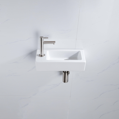 FugaFlow Eccelente Pietra Ensemble de fontaine - 37,5x18,5x9cm - céramique - trou de robinet à gauche - robinet de fontaine en inox brossé - bouchon de vidange - siphon abaissé - Blanc brillant