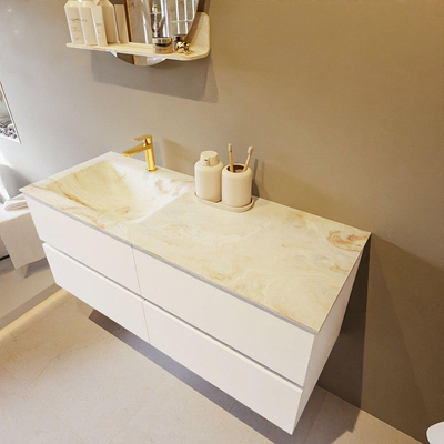 Mondiaz VICA-DLUX ensemble de meuble de salle de bain - 120cm - meuble sous lavabo talc - 4 tiroirs - lavabo encastré cloud gauche - 1 trou de robinet - version haute de 60cm - frape