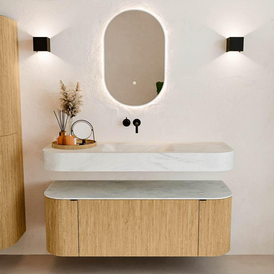 MONDIAZ THOR-DLUX 130cm badmeubel ronding links + rechts kleur Oak met 1 lade en 2 deuren. Vrijhangende wastafel CLOUD Midden zonder kraangat kleur Opalo.