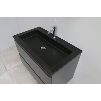 Basic Bella Meuble salle de bains avec lavabo acrylique Noir avec armoire toilette 2 portes gris 80x55x46cm 1 trou de robinet Anthracite mat