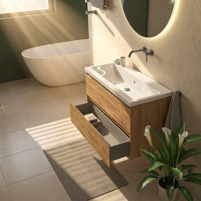 Saniclass Holz Pure Ensemble de meubles de salle de bains - 100x45x63.5cm - Vasque Bari en céramique blanche - 1 vasque - sans trou de robinet - 2 tiroirs - chêne natural mat (bois)