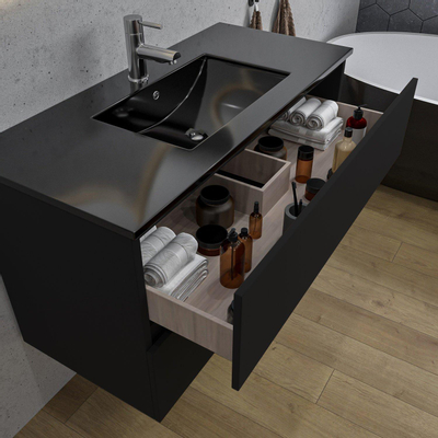 Saniclass Chaci Ensemble meuble de salle de bains - 100x46x55cm - lavabo céramique noir - 1 vasque - 1 trou de robinet - 2 tiroirs - armoire de toilette - noir mat