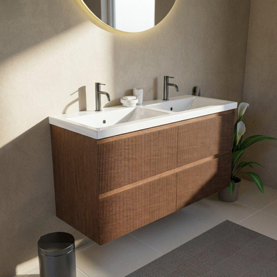 Saniclass Holz Atelier Ensemble de meubles de salle de bains - 120x45x63.5cm - lavabo Bari en céramique blanc - 2 vasques - 2 trous de robinetterie - 2 tiroirs - noyer pure mat (bois)