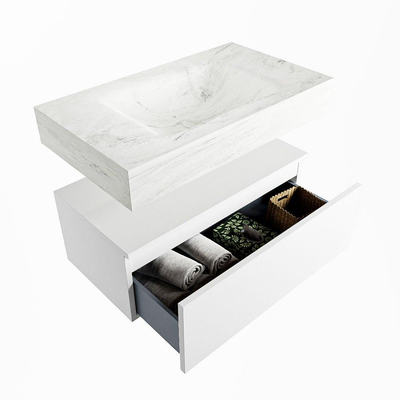 Mondiaz ALAN-DLUX Ensemble de meuble - 80cm - meuble Talc mat - 1 tiroir - Lavabo Cloud Opalo suspendu - vasque Centre - 0 trous de robinet