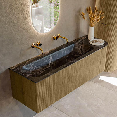 Mondiaz KURVE-DLUX Ensemble de meuble de salle de bains - 145x46x40cm - 1 tiroir - 1 porte - lavabo solid surface - gauche - sans trou de robinet - Dusk
