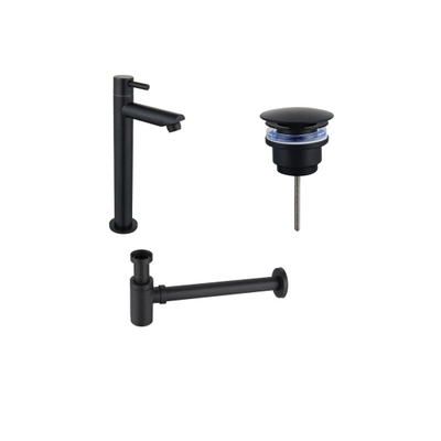 Fortifura Calvi - Ensemble lave-main avec robinet bas à poser, bonde non obturable et siphon design noir mat