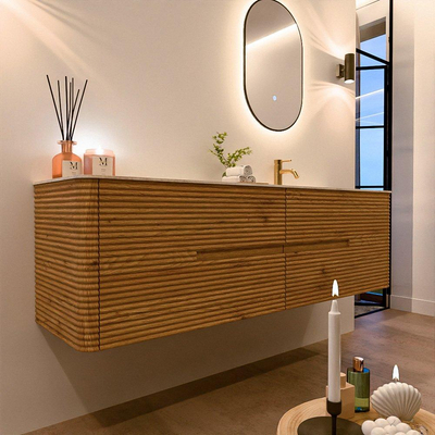 Mondiaz CIRO-DLUX Meuble de salle de bains - 170x45x50cm - Plan vasque solid surface Ostra - 1 lavabo à droite - 1 trou de robinetterie - 4 tiroirs - Chêne