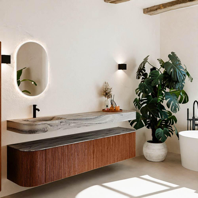 MONDIAZ THOR-DLUX 200cm meuble de salle de bains arrondi gauche + droite couleur Ruby avec 2 tiroirs et 2 portes. Vasque suspendue CLOUD Gauche 1 trou de robinet couleur Sombra.