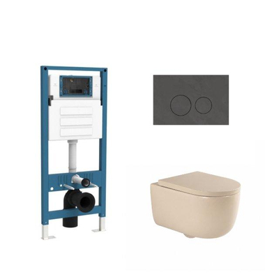 QeramiQ Dely Swirl Ensemble de toilettes - réservoir encastré Qeramiq Flush - abattant 35mm - plaque de commande en pierre naturelle marbre foncé - boutons ronds - beige